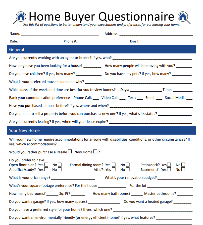 Printable Home Buyer Questionnaire Form Printable Forms Free Online