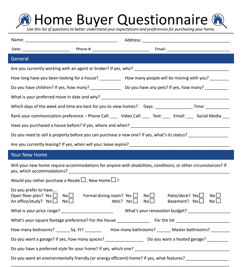 Printable Real Estate Buyer Questionnaire Form